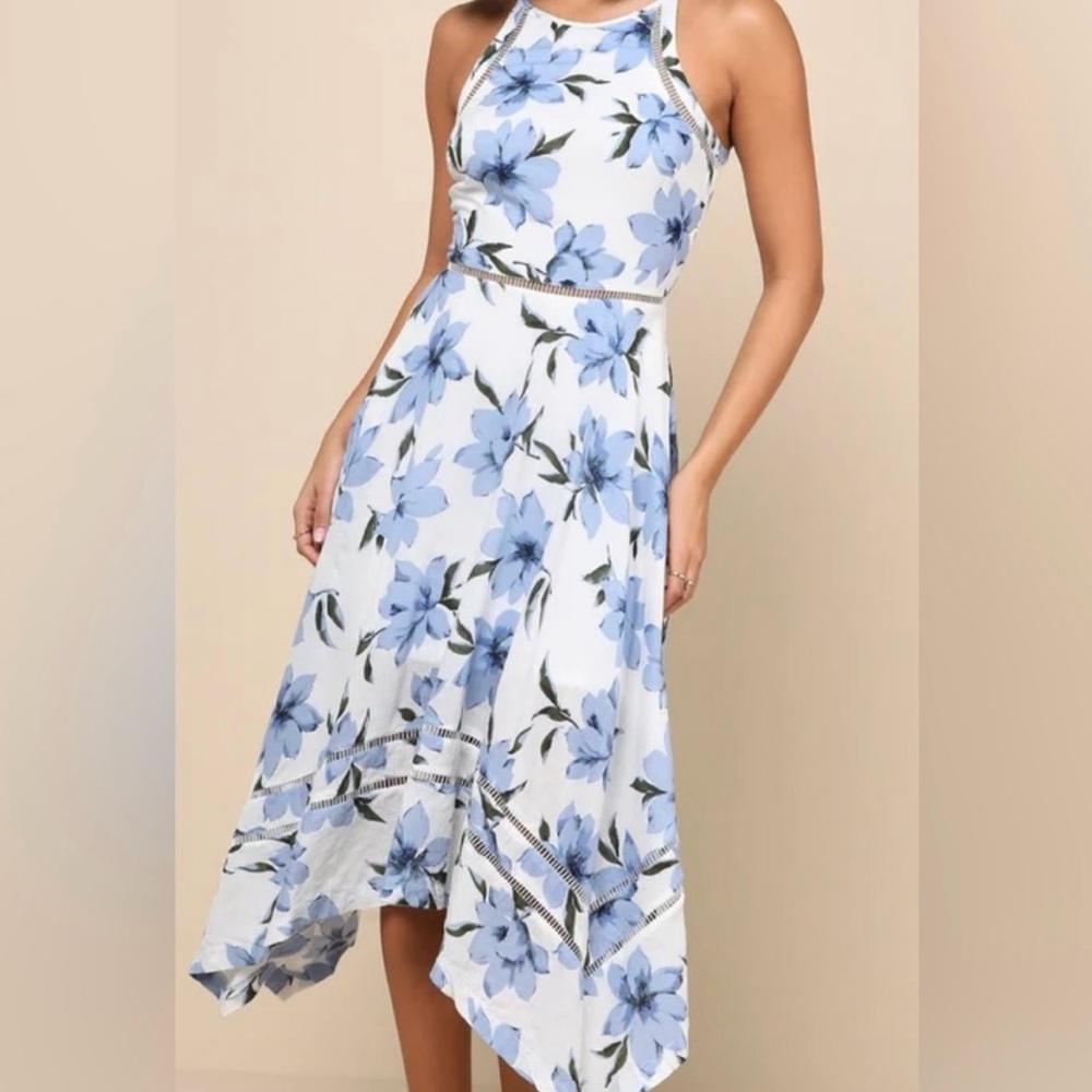 Lulu's Asymmetrical Blue and White Halter Sundress